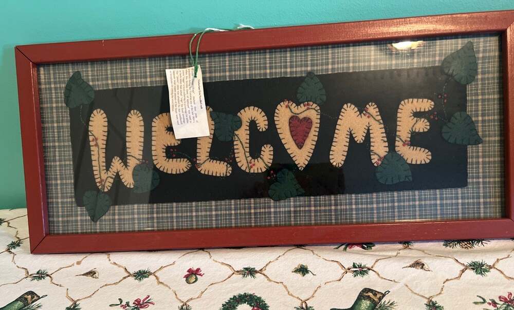 Handmade Victorian Needlecraft Welcome Sign Framed Penny Rug Applique Plaid